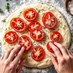 Pomodorini e origano sulla superficie della focaccia.