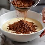 Farina e cacao setacciati aggiunti a composto montato.