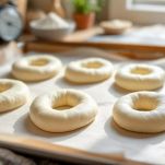 Friselle crude disposte su teglia a lievitare.