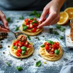 Friselle condite con pomodori e basilico su piatto.