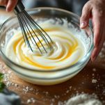 Uovo, latte e farina mescolati in ciotola con frusta.