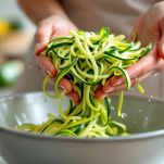 Zucchine amalgamate alla pastella in ciotola.