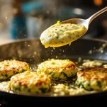 Frittelle di zucchine in cottura in padella con olio caldo.
