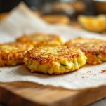 Frittelle di zucchine dorate servite con salsa allo yogurt.