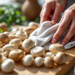 Funghi puliti con panno umido su piano di lavoro.