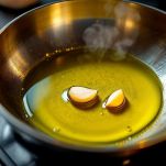 Padella con olio e spicchi d’aglio schiacciati.