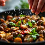 Funghi trifolati con peperoncino e erbe aromatiche in padella.