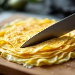 Frittata giapponese tagliata a listarelle su tagliere.