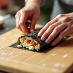 Futomaki arrotolato con stuoia di bambù su tagliere.