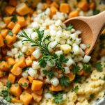 Trito di erbe e aromi unito al composto in ciotola.