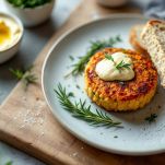 Hamburger di ceci serviti su piatto con pane e maionese vegana.