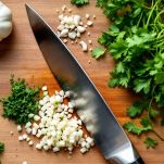 Trito di prezzemolo, aglio e cipolline su tagliere di legno.