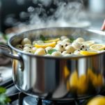 Moscardini immersi in pentola con acqua, limone e alloro.