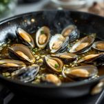 Molluschi che si aprono in padella con olio e aglio.