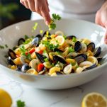 Moscardini e molluschi conditi con emulsione di limone e prezzemolo.