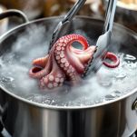 Polpo che cuoce in casseruola con acqua bollente.