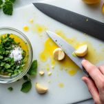 Ciotola con condimento a base di olio, limone e spezie.