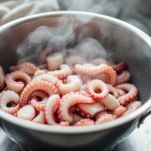 Polpo cotto tagliato a pezzi su tagliere.