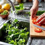 Insalata mista lavata e pomodori affettati su tagliere.