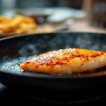 Petto di pollo dorato tagliato a listarelle su tagliere.