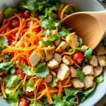 Ciotola con insalata mista, pollo, carote e pomodori.