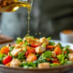 Insalata condita con olio e aceto in ciotola di vetro.