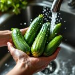 Zucchine tagliate a fette sottili su tagliere.