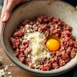 Impasto di carne macinata e uovo in ciotola.