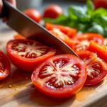 Involtini serviti con pomodori a pezzi e basilico fresco.