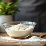 Ciotola con lievito e latte in fermentazione coperta con pellicola.