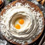 Ingredienti per impasto dolce disposti a fontana su spianatoia.