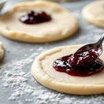 Mani che farciscono dischi di pasta con marmellata.