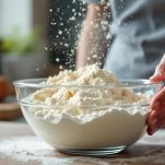 Ciotola con impasto di farina e acqua mescolato a mano.