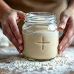 Barattolo di vetro con impasto inciso a croce e coperto da pellicola.