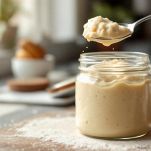 Impasto lievitato con bolle visibili in barattolo di vetro.