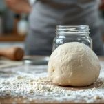 Mani che aggiungono farina a impasto di lievito madre durante il rinfresco.
