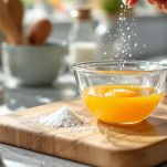 Tuorli d’uovo in ciotola con frusta e pizzico di sale.