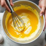 Mano che versa olio a filo in ciotola con tuorli mentre mescola.