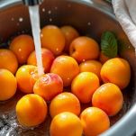 Albicocche fresche lavate e asciugate su panno da cucina.