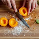 Albicocche tagliate a pezzetti su tagliere di legno.