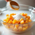 Ciotola con albicocche e zucchero lasciate a macerare.