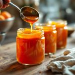 Vasetti di confettura di albicocche chiusi e pronti per la conservazione.