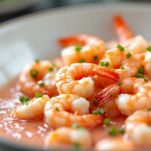 Gamberetti mescolati con salsa rosa ed erba cipollina.