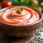 Crema rosa al caprino e pomodoro in ciotola.