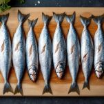 Sarde fresche pulite e spinte su tagliere.