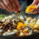 Condimento di finocchi, uvetta, pinoli e zafferano in cottura in padella.