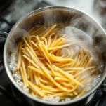 Bucatini che cuociono in pentola con acqua dei finocchi.