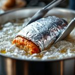 Polpettone avvolto che cuoce in acqua bollente.