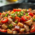 Pollo, prosciutto, pomodori e verdure rosolati nel burro.