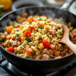 Riso unito al condimento e insaporito con erbe.